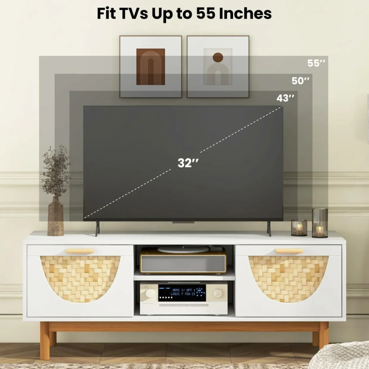 Tangkula TV Stand for 55 Inch TVs, Mid Century Modern Entertainment Center with 2 Drawers & Bamboo Woven Fronts