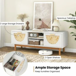 Tangkula TV Stand for 55 Inch TVs, Mid Century Modern Entertainment Center with 2 Drawers & Bamboo Woven Fronts