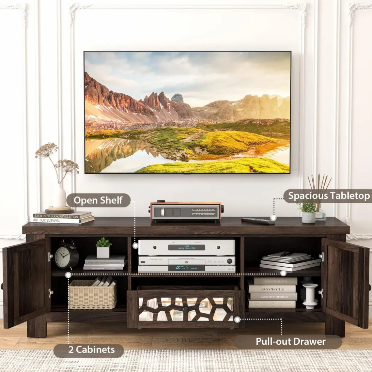 Tangkula TV Stand for 60 Inch TVs, Retro Entertainment Center, TV Console Cabinet w/Open Shelf & Drawer & Cable Hole