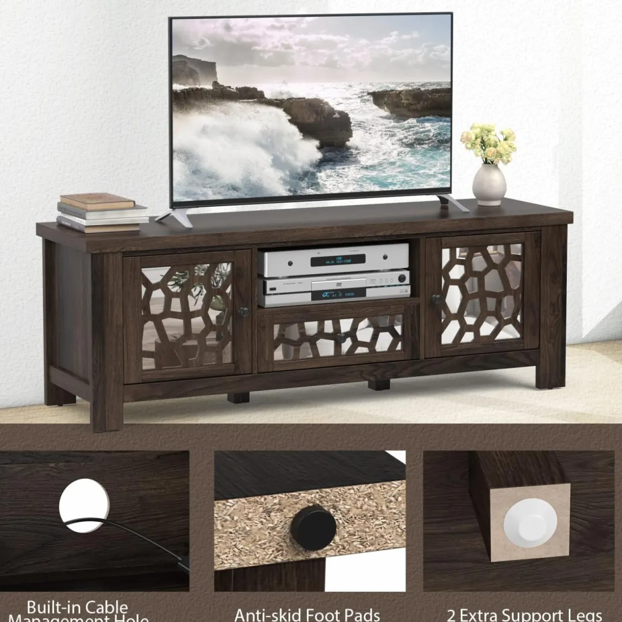 Tangkula TV Stand for 60 Inch TVs, Retro Entertainment Center, TV Console Cabinet w/Open Shelf & Drawer & Cable Hole