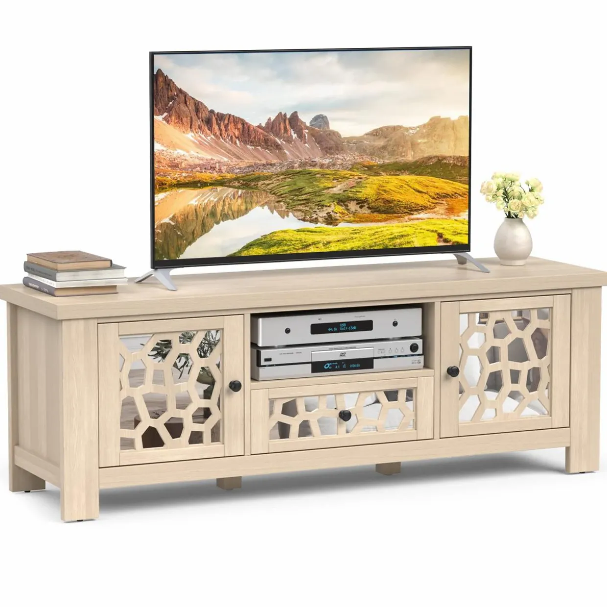 Tangkula TV Stand for 60 Inch TVs, Retro Entertainment Center, TV Console Cabinet w/Open Shelf & Drawer & Cable Hole