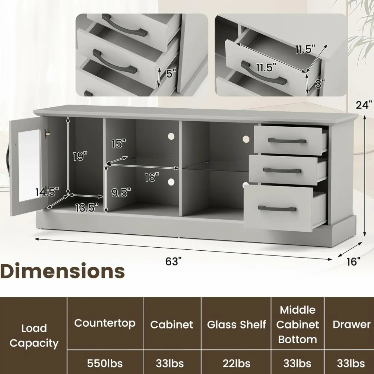 Tangkula TV Stand for 73-Inch TVs, 63” Media Console Table with 3 Drawers