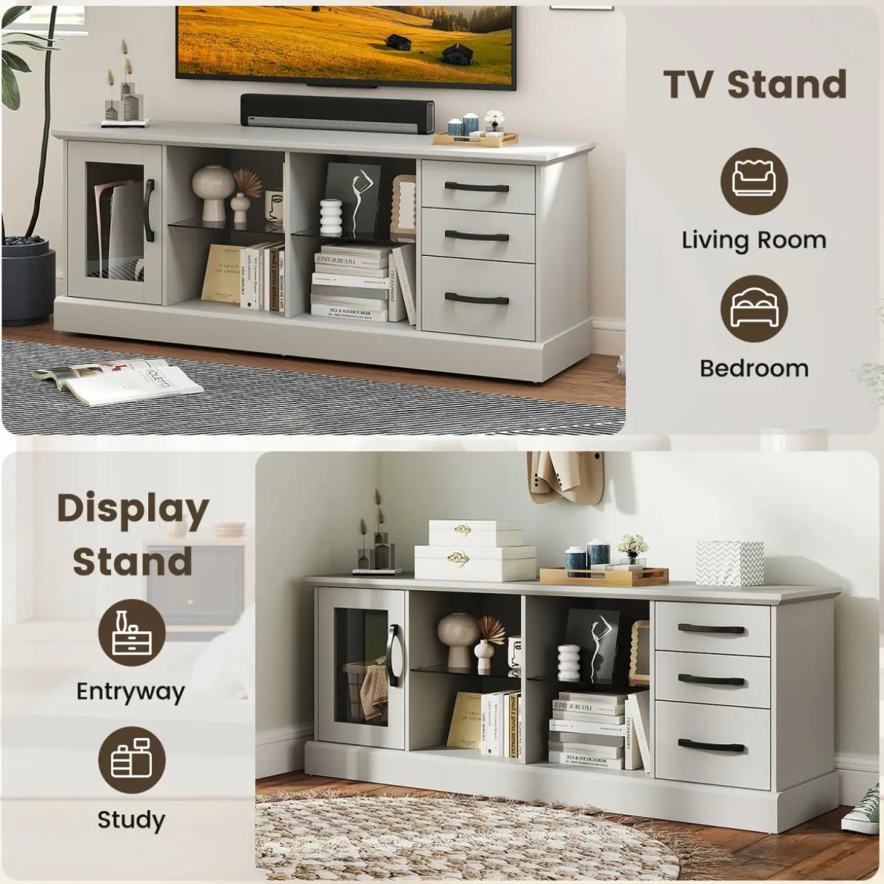 Tangkula TV Stand for 73-Inch TVs, 63” Media Console Table with 3 Drawers