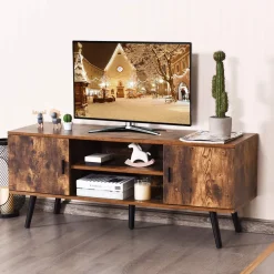 Tangkula TV Stand for TV up to 55 in, Boho TV Console Table w/ 2 Cabinet & 2 Tier Open Shelf