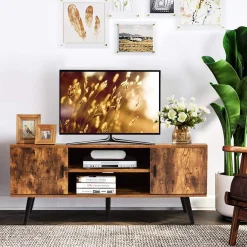 Tangkula TV Stand for TV up to 55 in, Boho TV Console Table w/ 2 Cabinet & 2 Tier Open Shelf