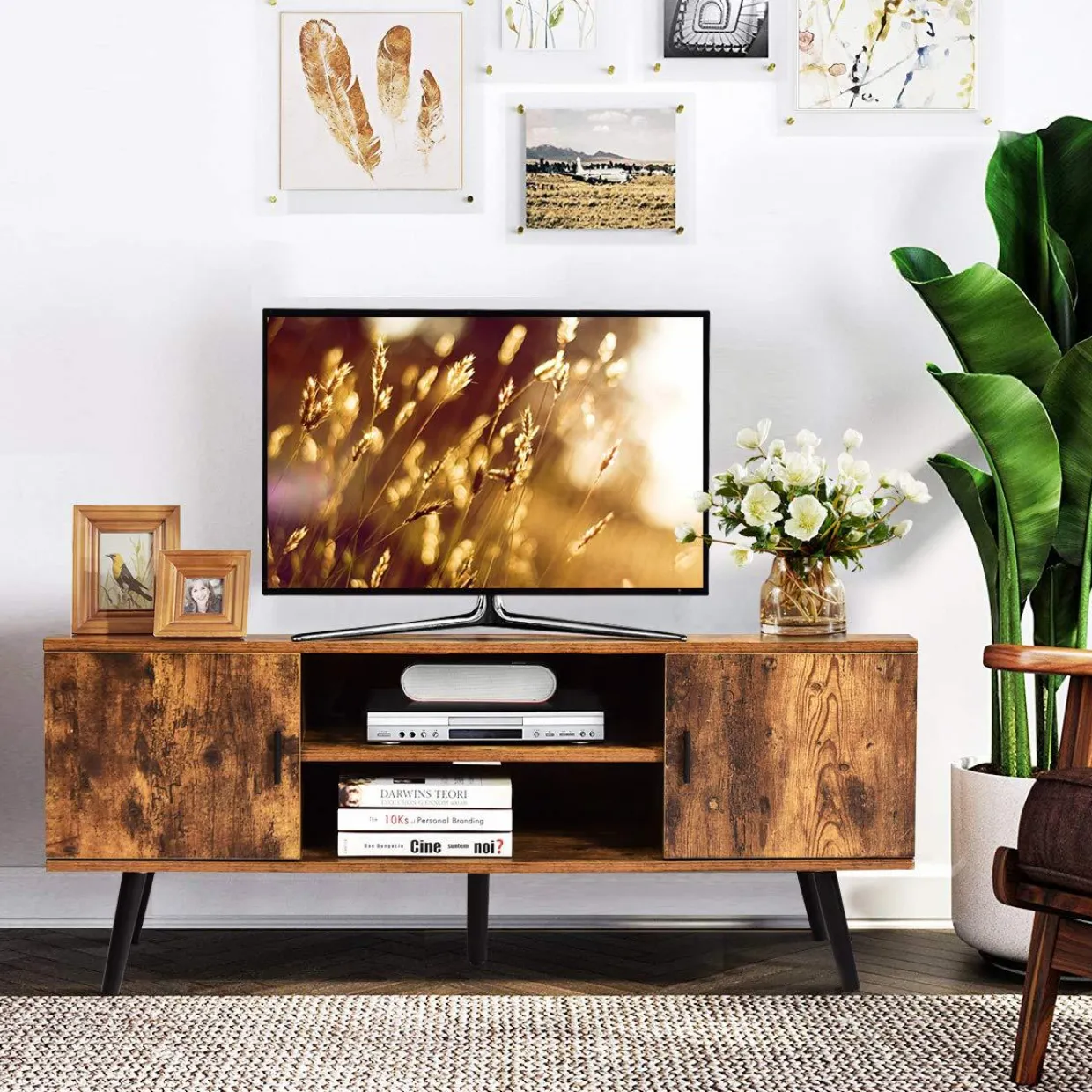Tangkula TV Stand for TV up to 55 in, Boho TV Console Table w/ 2 Cabinet & 2 Tier Open Shelf