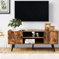 Tangkula TV Stand for TV up to 55 in, Boho TV Console Table w/ 2 Cabinet & 2 Tier Open Shelf
