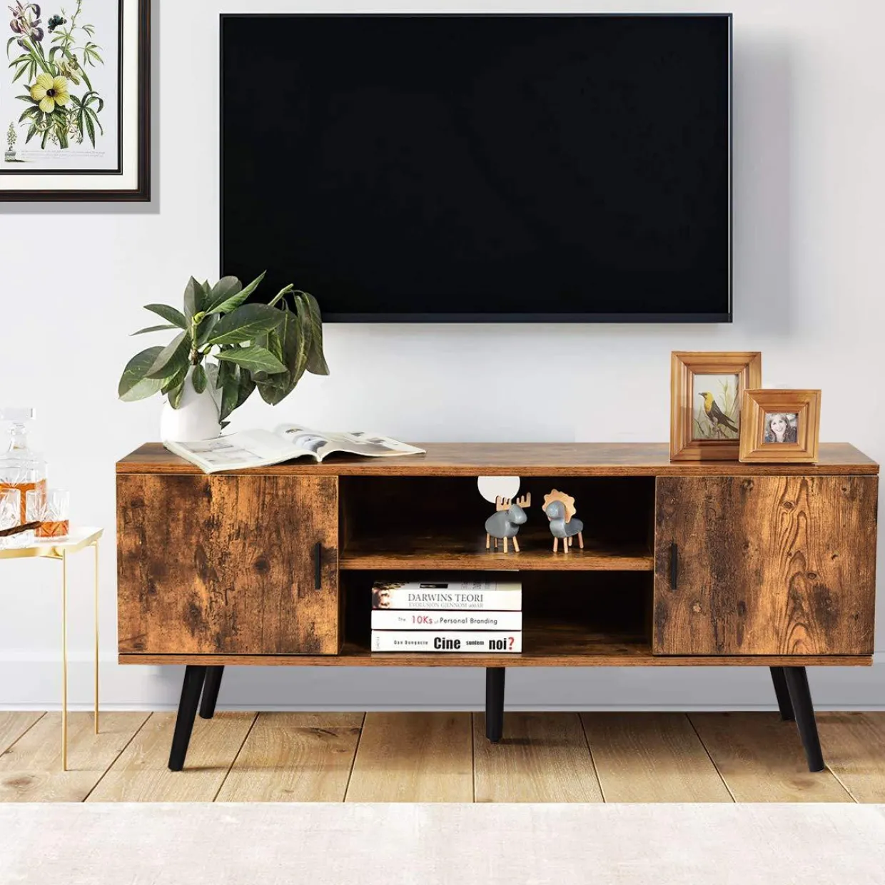 Tangkula TV Stand for TV up to 55 in, Boho TV Console Table w/ 2 Cabinet & 2 Tier Open Shelf