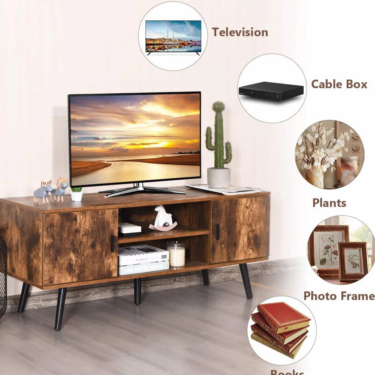 Tangkula TV Stand for TV up to 55 in, Boho TV Console Table w/ 2 Cabinet & 2 Tier Open Shelf