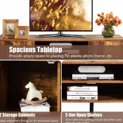 Tangkula TV Stand for TV up to 55 in, Boho TV Console Table w/ 2 Cabinet & 2 Tier Open Shelf
