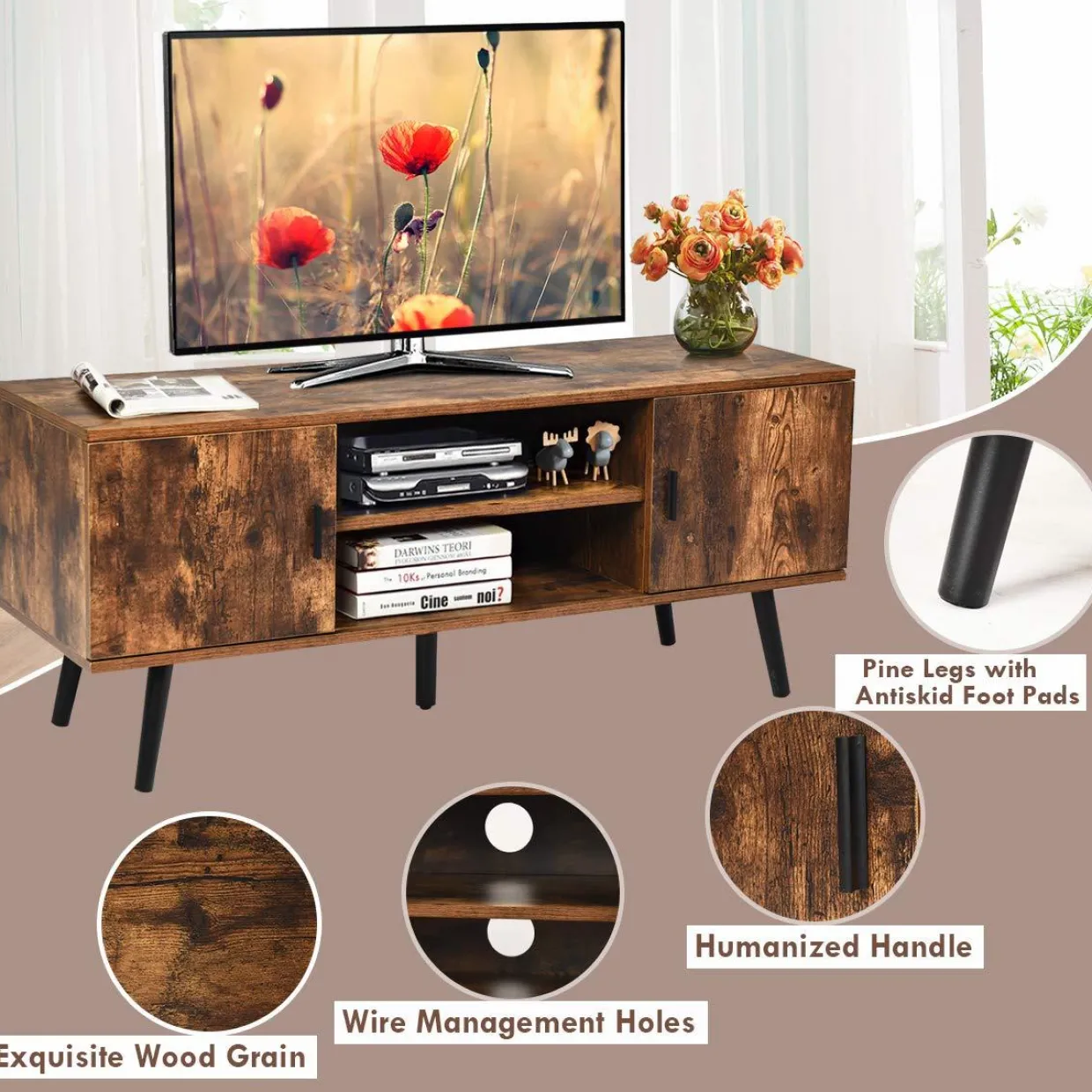 Tangkula TV Stand for TV up to 55 in, Boho TV Console Table w/ 2 Cabinet & 2 Tier Open Shelf