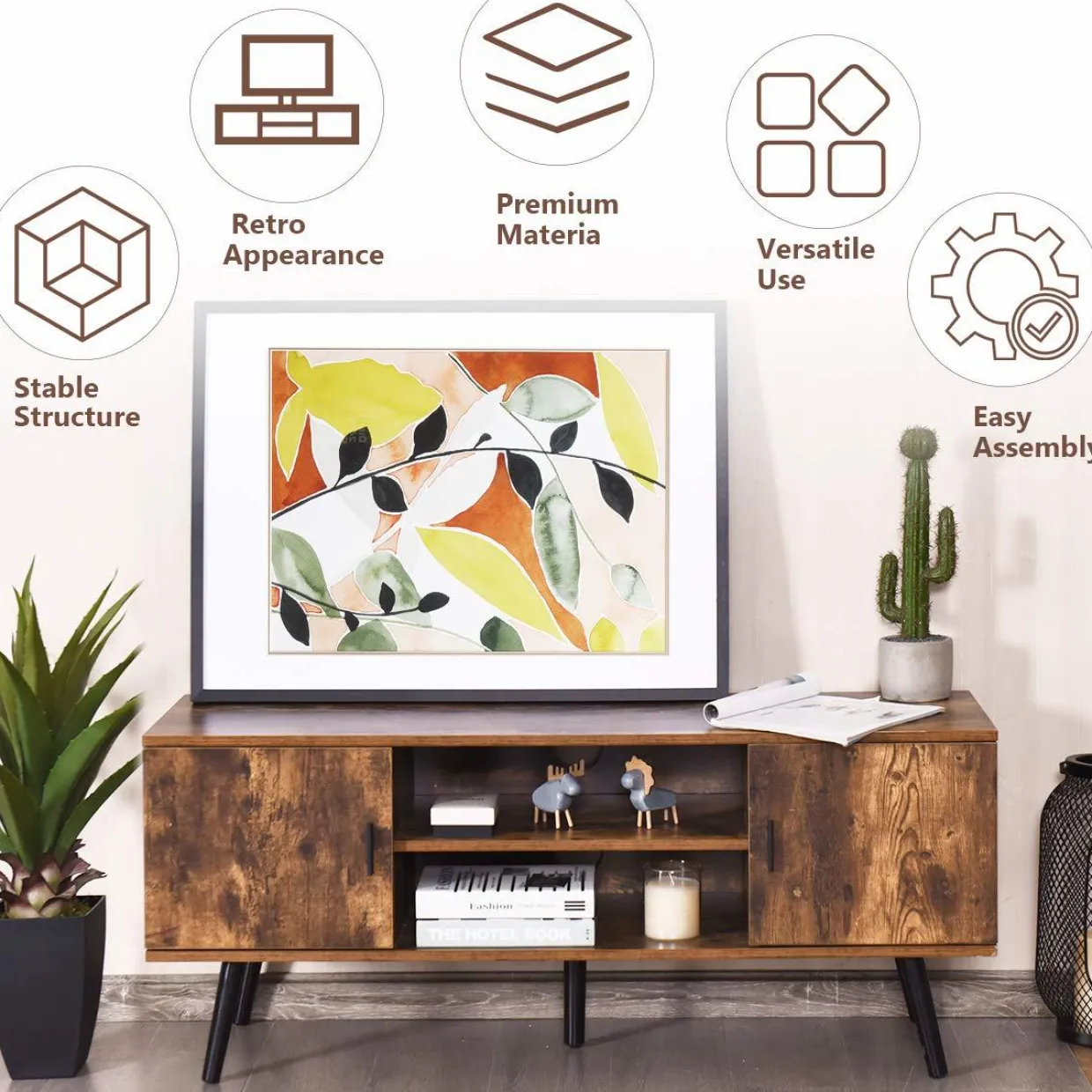 Tangkula TV Stand for TV up to 55 in, Boho TV Console Table w/ 2 Cabinet & 2 Tier Open Shelf