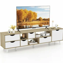 Tangkula TV Stand for TVs up to 65”, Mid Century Modern TV Console Table w/Storage, Television Cabinet w/ 5 Drawers & 3 Open Shelves