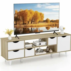 Tangkula TV Stand for TVs up to 55”, Mid Century Modern TV Console Table w/Storage, Television Cabinet w/ 4 Drawers & 2 Open Shelves