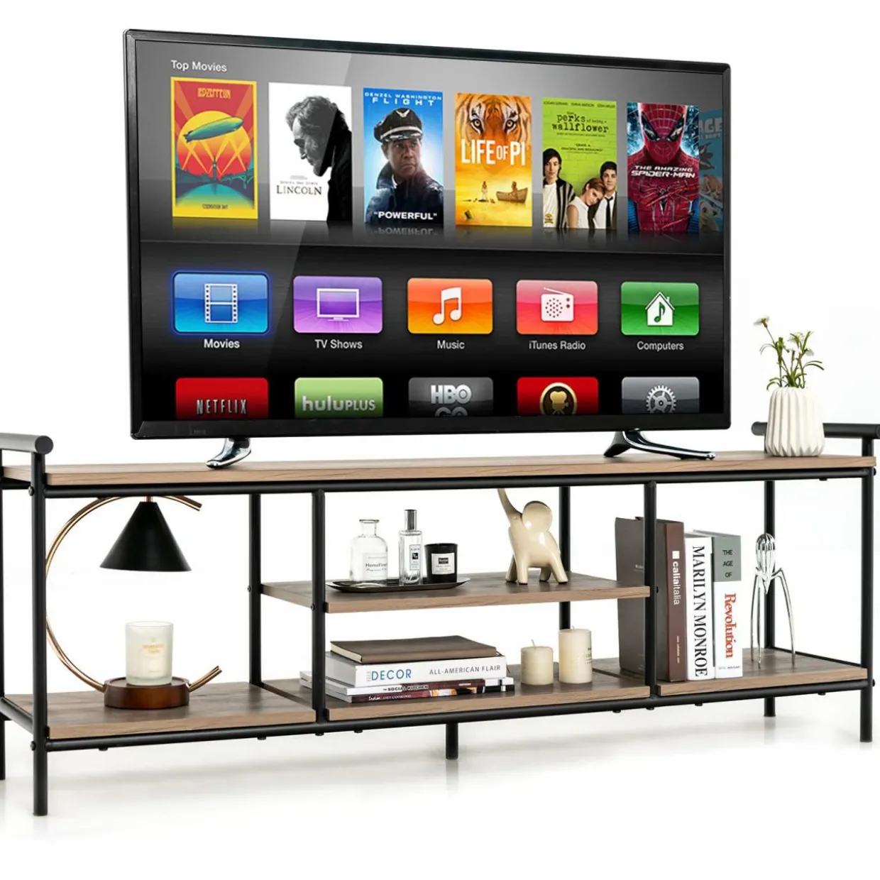 Tangkula TV Stand for TVs up to 60 in, 3-Tier Media Console Table with Storage Shelves, Farmhouse Wooden TV Cabinet