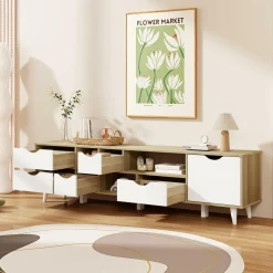 Tangkula TV Stand for TVs up to 65”, Mid Century Modern TV Console Table w/Storage, Television Cabinet w/ 5 Drawers & 3 Open Shelves