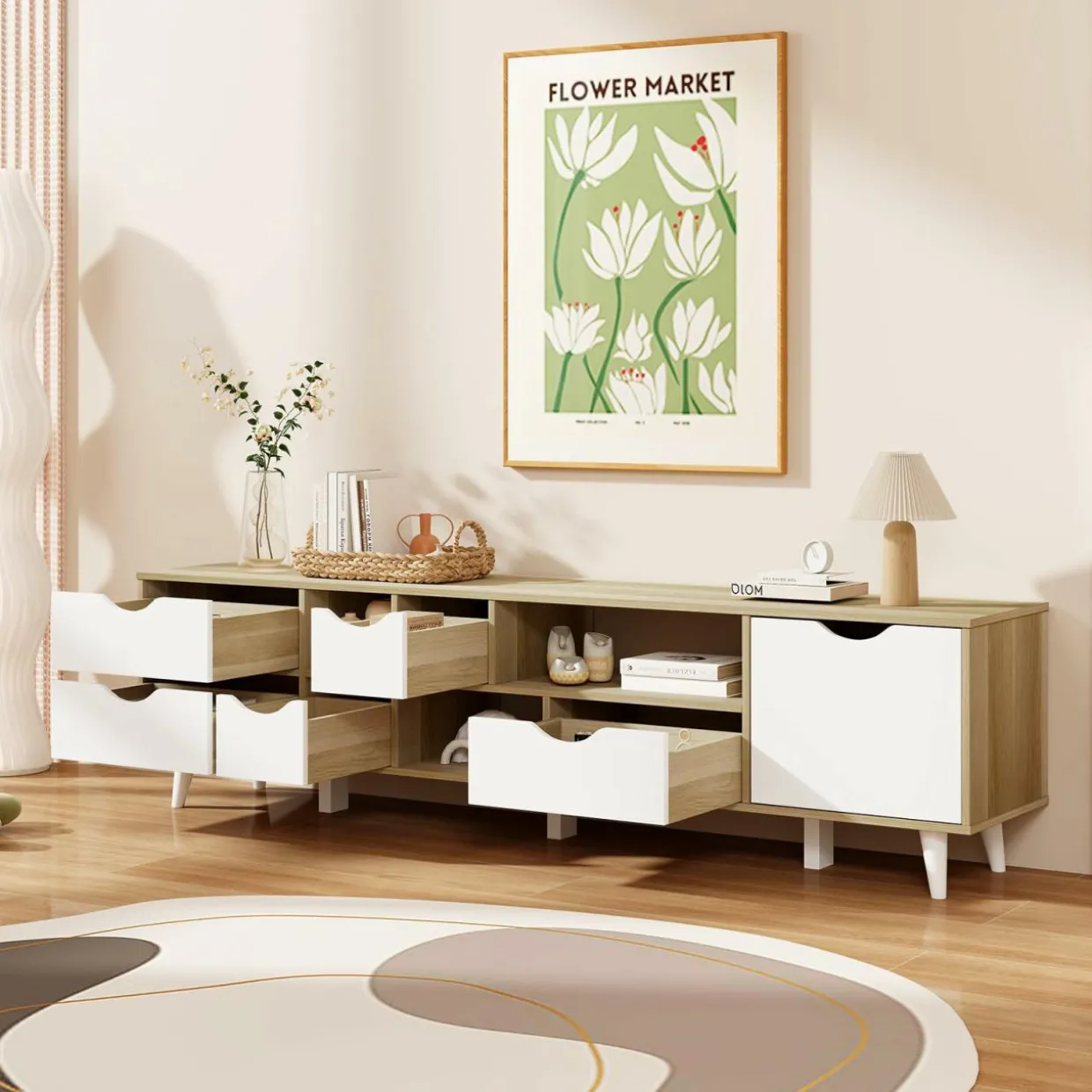 Tangkula TV Stand for TVs up to 65”, Mid Century Modern TV Console Table w/Storage, Television Cabinet w/ 5 Drawers & 3 Open Shelves