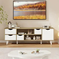 Tangkula TV Stand for TVs up to 55”, Mid Century Modern TV Console Table w/Storage, Television Cabinet w/ 4 Drawers & 2 Open Shelves