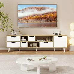 Tangkula TV Stand for TVs up to 65”, Mid Century Modern TV Console Table w/Storage, Television Cabinet w/ 5 Drawers & 3 Open Shelves