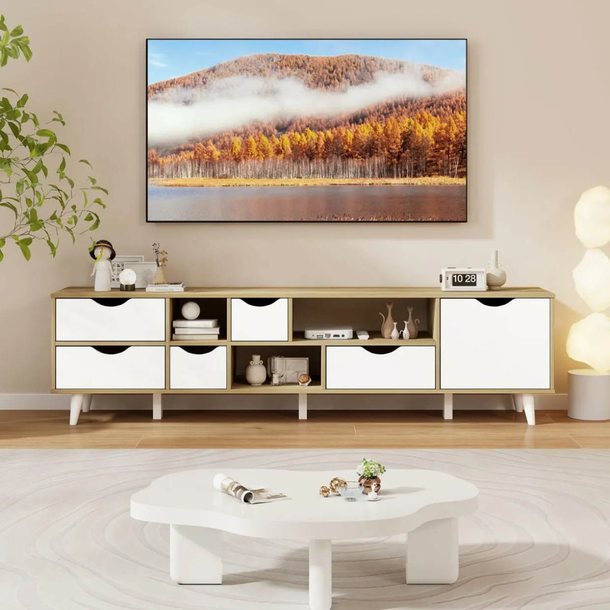 Tangkula TV Stand for TVs up to 65”, Mid Century Modern TV Console Table w/Storage, Television Cabinet w/ 5 Drawers & 3 Open Shelves