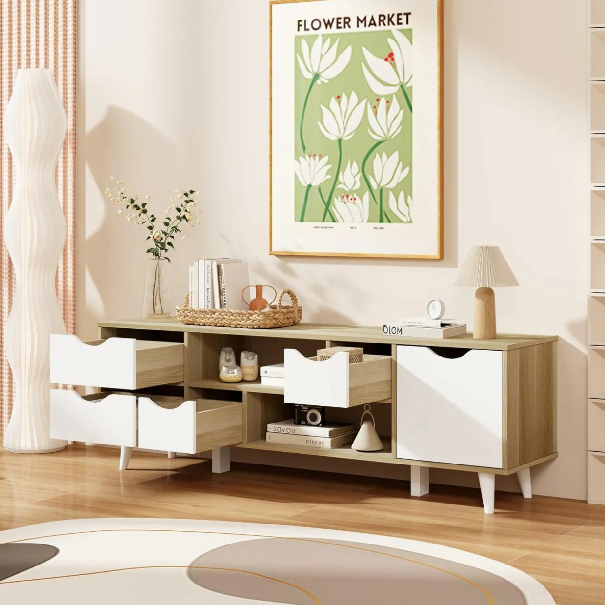 Tangkula TV Stand for TVs up to 55”, Mid Century Modern TV Console Table w/Storage, Television Cabinet w/ 4 Drawers & 2 Open Shelves