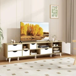 Tangkula TV Stand for TVs up to 65”, Mid Century Modern TV Console Table w/Storage, Television Cabinet w/ 5 Drawers & 3 Open Shelves