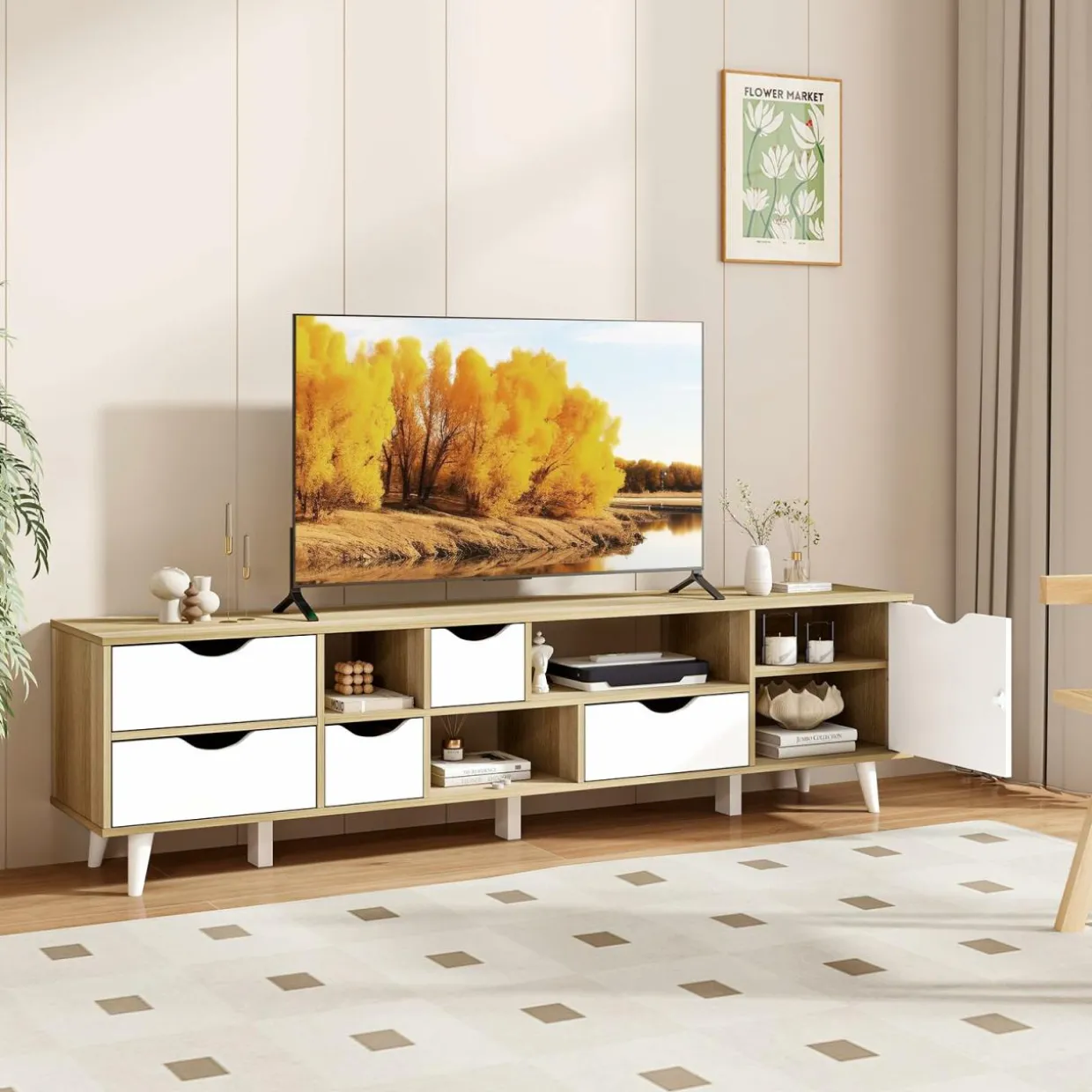 Tangkula TV Stand for TVs up to 65”, Mid Century Modern TV Console Table w/Storage, Television Cabinet w/ 5 Drawers & 3 Open Shelves