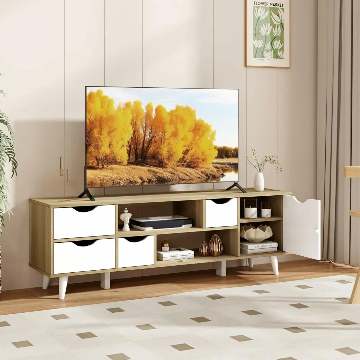 Tangkula TV Stand for TVs up to 55”, Mid Century Modern TV Console Table w/Storage, Television Cabinet w/ 4 Drawers & 2 Open Shelves