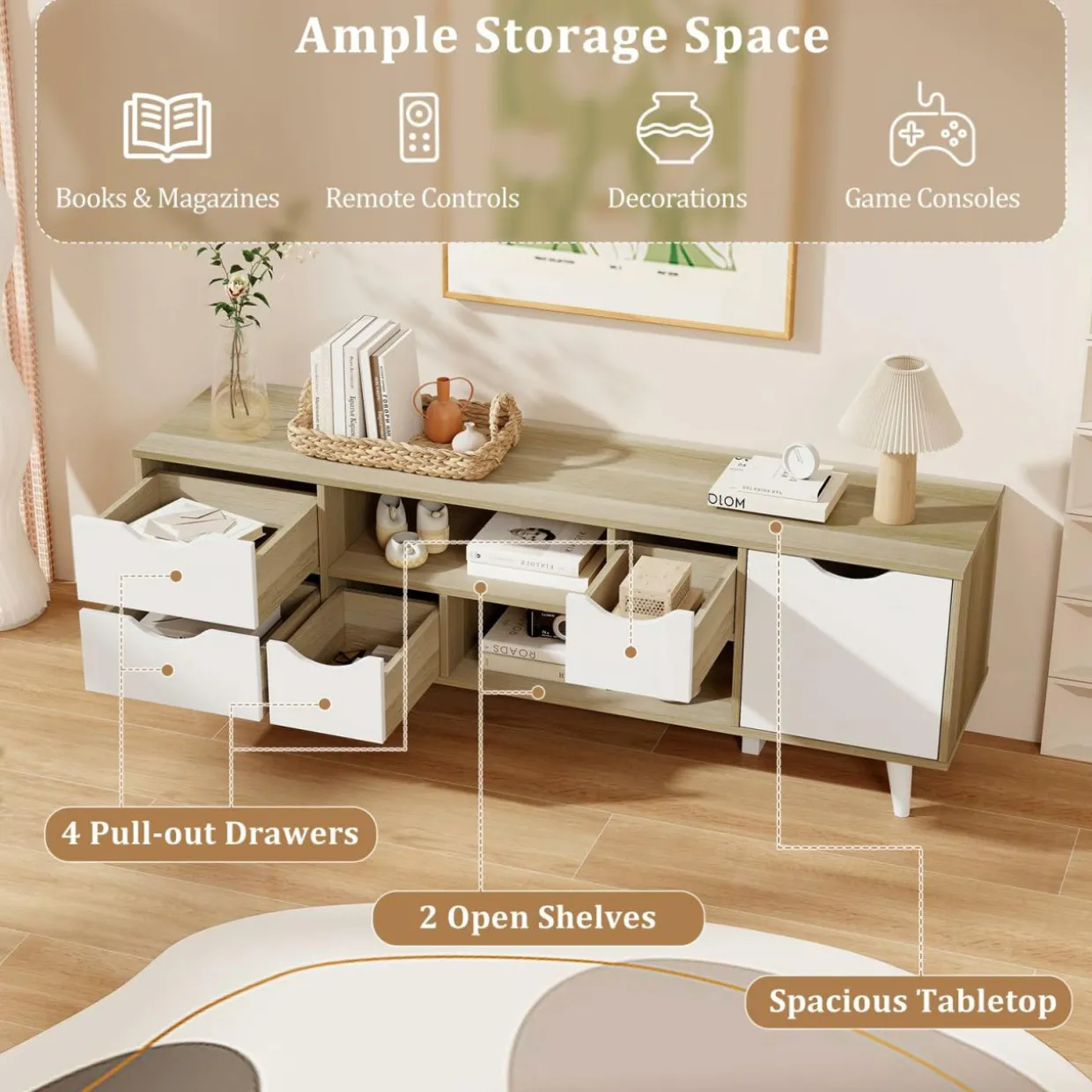 Tangkula TV Stand for TVs up to 55”, Mid Century Modern TV Console Table w/Storage, Television Cabinet w/ 4 Drawers & 2 Open Shelves