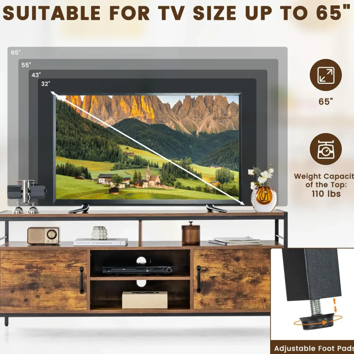 Tangkula TV Stand for TVs up to 65"- 58"TV Console Table w/Side Cabinets & Adjustable Shelf