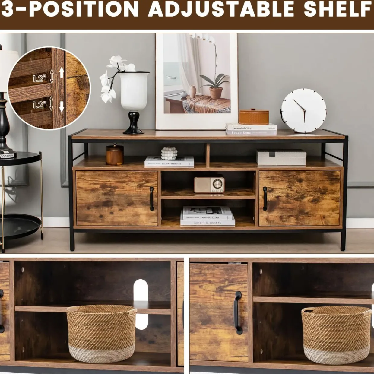 Tangkula TV Stand for TVs up to 65"- 58"TV Console Table w/Side Cabinets & Adjustable Shelf