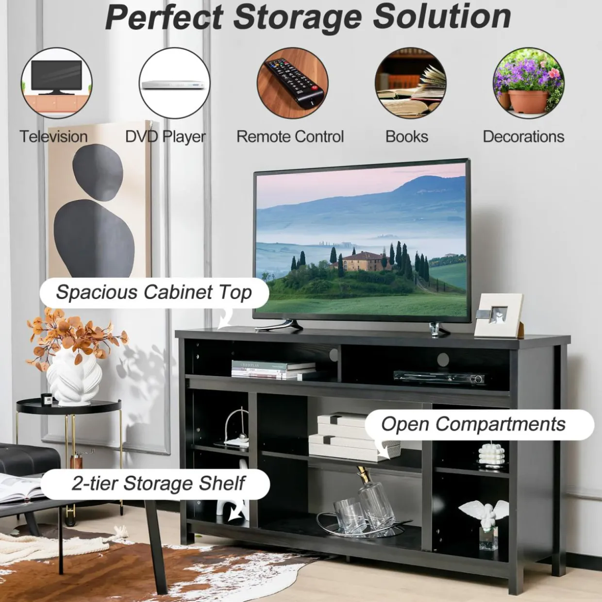 Tangkula TV Stand for TVs up to 65", Media Console Table w/Adjustable Shelf & Cable Management Holes