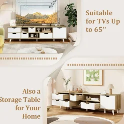 Tangkula TV Stand for TVs up to 65”, Mid Century Modern TV Console Table w/Storage, Television Cabinet w/ 5 Drawers & 3 Open Shelves