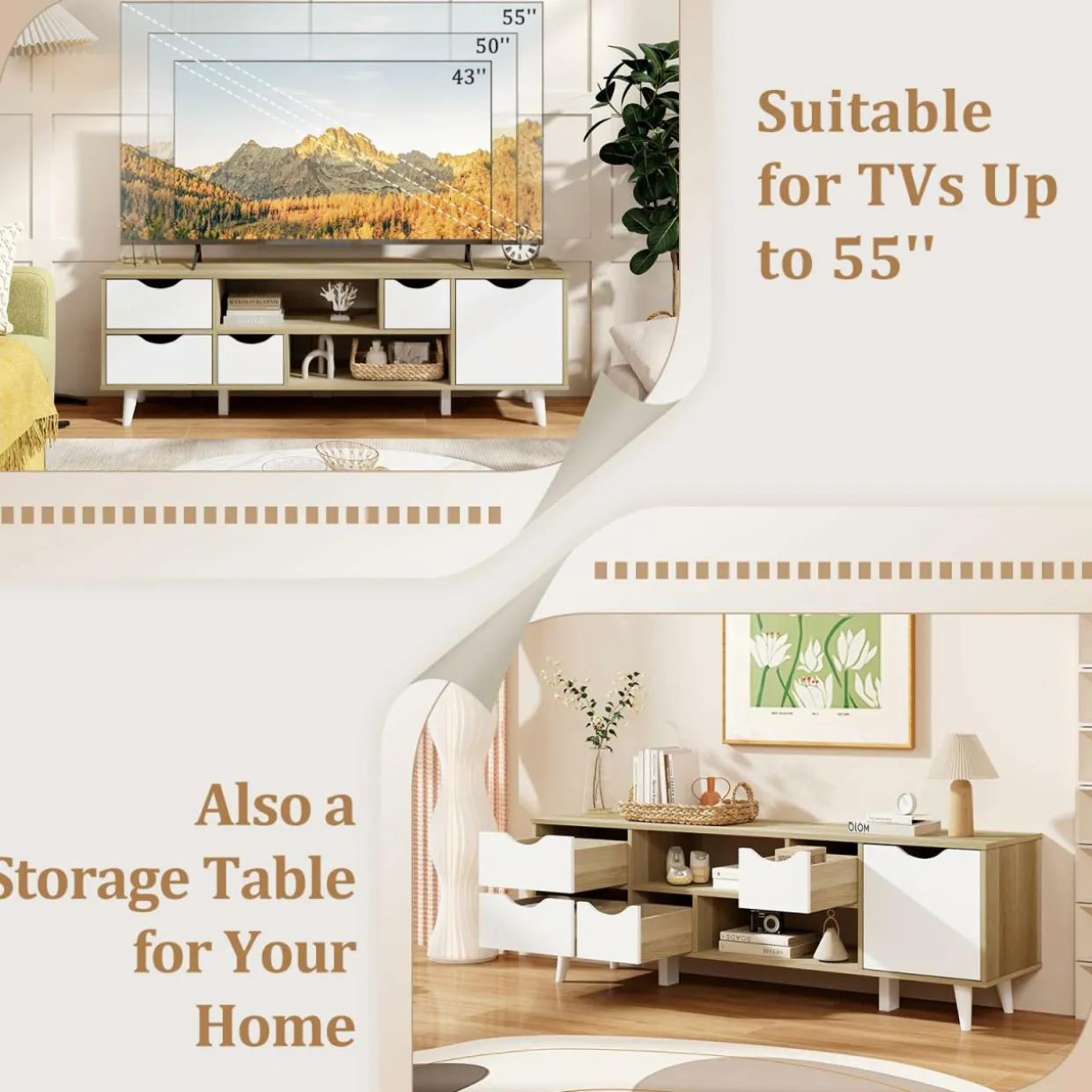 Tangkula TV Stand for TVs up to 55”, Mid Century Modern TV Console Table w/Storage, Television Cabinet w/ 4 Drawers & 2 Open Shelves