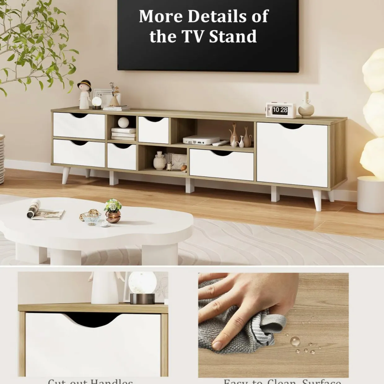 Tangkula TV Stand for TVs up to 65”, Mid Century Modern TV Console Table w/Storage, Television Cabinet w/ 5 Drawers & 3 Open Shelves