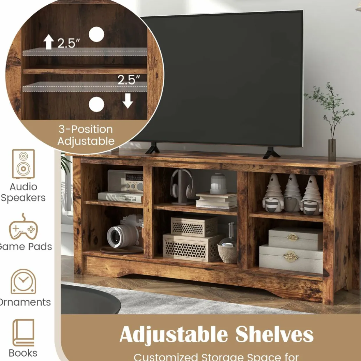 Tangkula TV Stand for up to 65" Flat Screen TVs, 58" Media Entertainment Center w/Adjustable Shelves