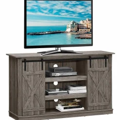 Tangkula TV Stand up to 60 Inches, Farmhouse Wood TV Stand with Sliding Barn Doors
