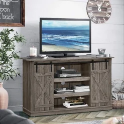 Tangkula TV Stand up to 60 Inches, Farmhouse Wood TV Stand with Sliding Barn Doors