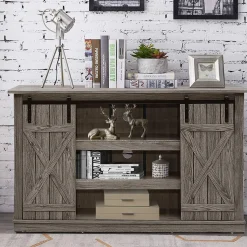 Tangkula TV Stand up to 60 Inches, Farmhouse Wood TV Stand with Sliding Barn Doors