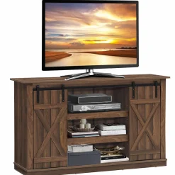 Tangkula TV Stand up to 60 Inches, Farmhouse Wood TV Stand with Sliding Barn Doors