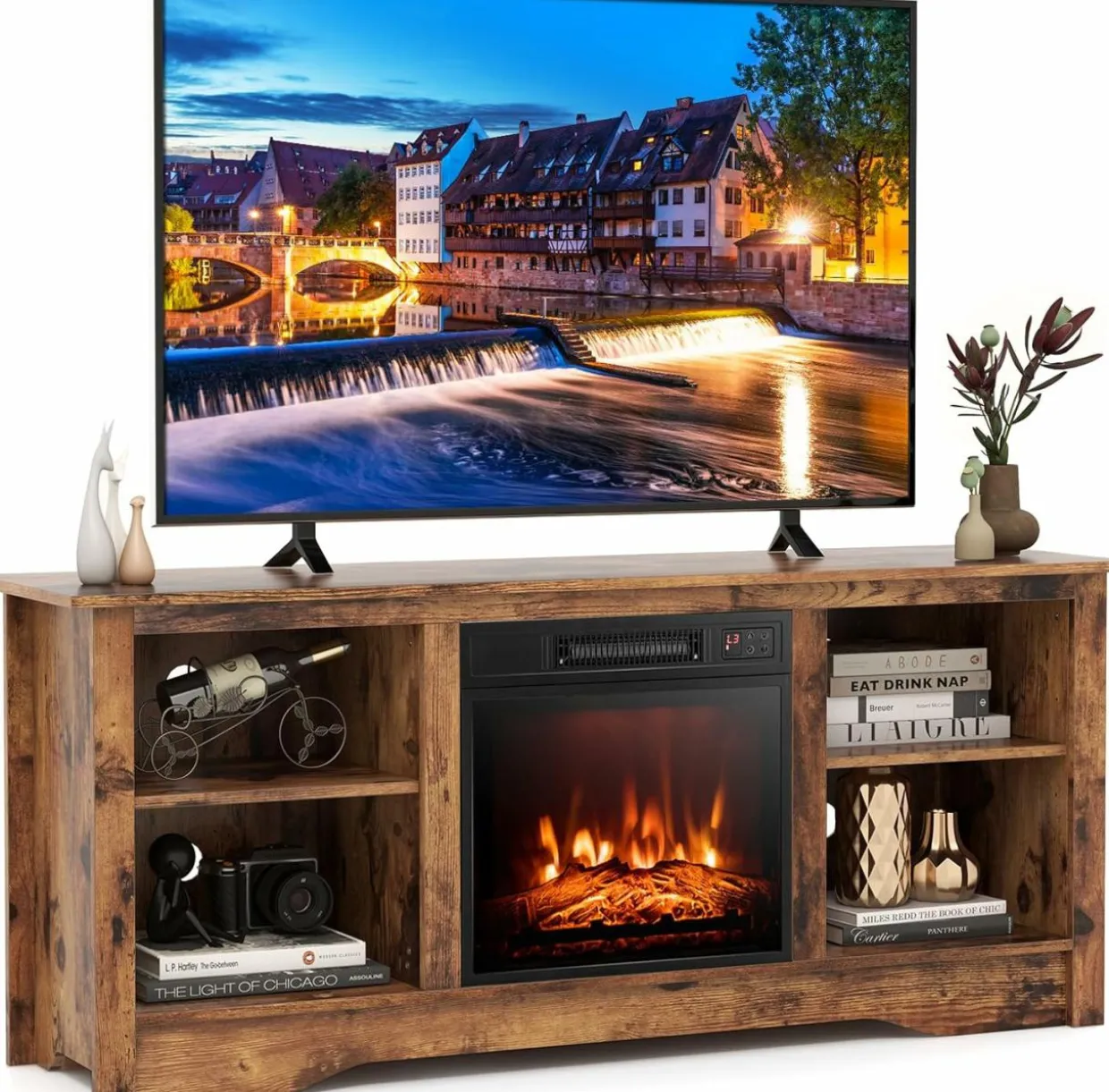 Tangkula TV Stand with 18” Electric Fireplace, for Flat Screen TVs Up to 65” with Adjustable Shelves