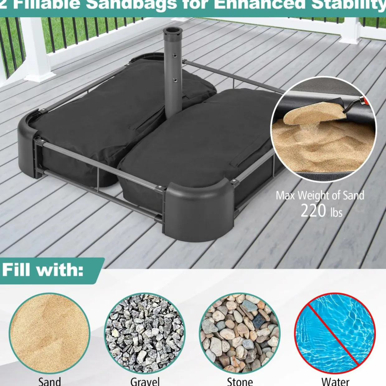 Tangkula Umbrella Base Stand with Sandbags, Heavy Duty Sand Filled Patio Umbrella Holder Base Stand (Stand Only)