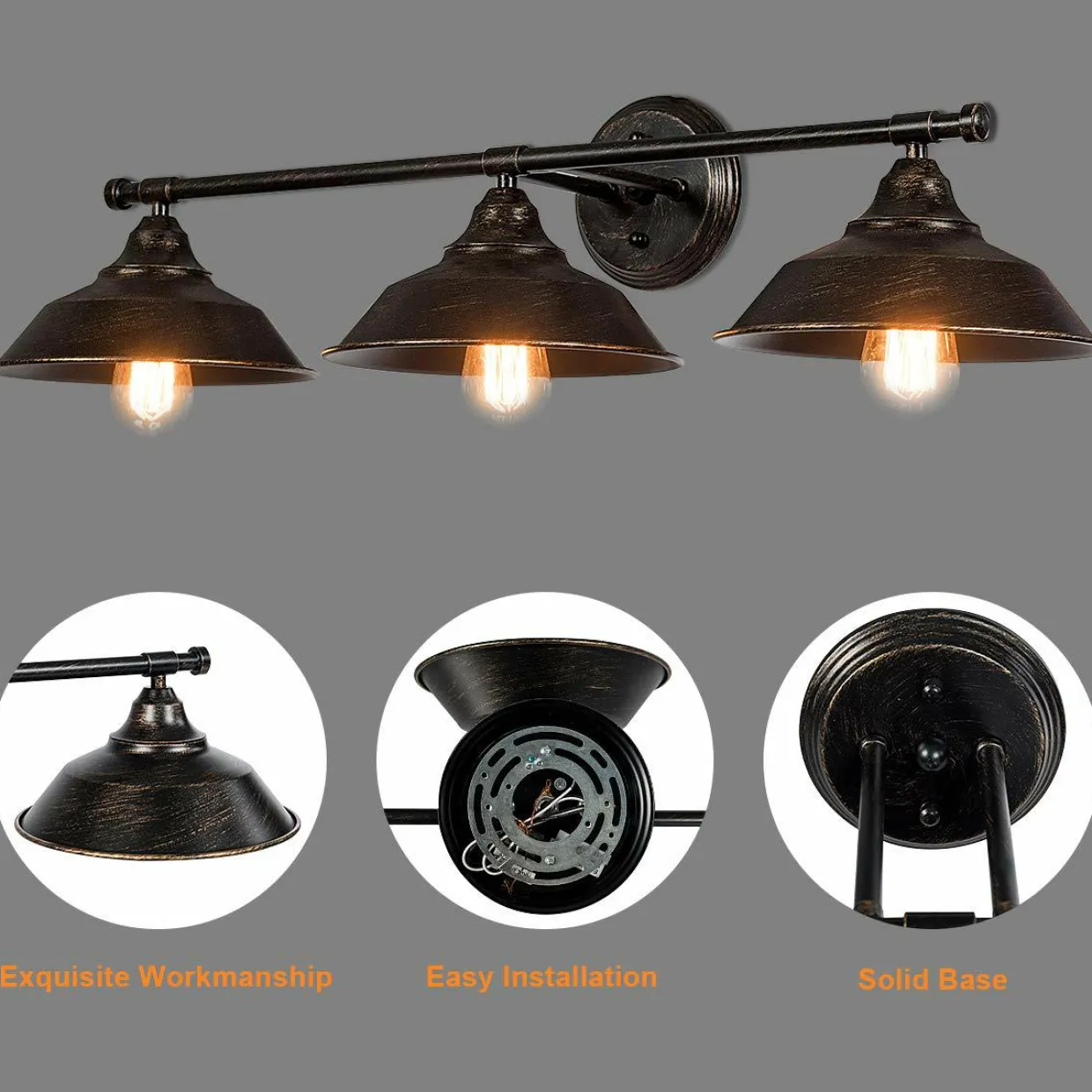 Tangkula Vanity Light, 3 Light Wall Sconce, Industrial Metal Wall Mount Lamp(Black)