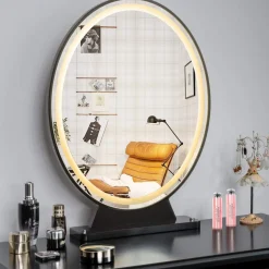 Tangkula Vanity Makeup Mirror with Lights, Round HD Lighted Mirror w/Remote Control