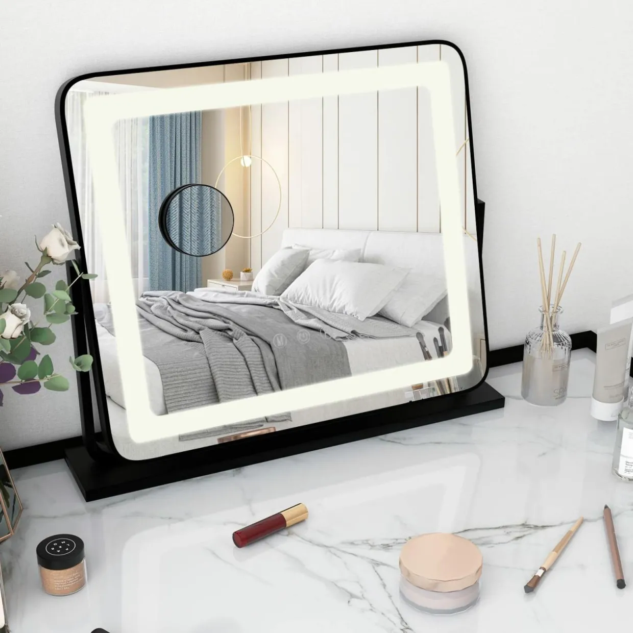 Tangkula Vanity Mirror with LED Lights, 22" x19" Lighted Mirror w/Dimmable 3 Color Modes