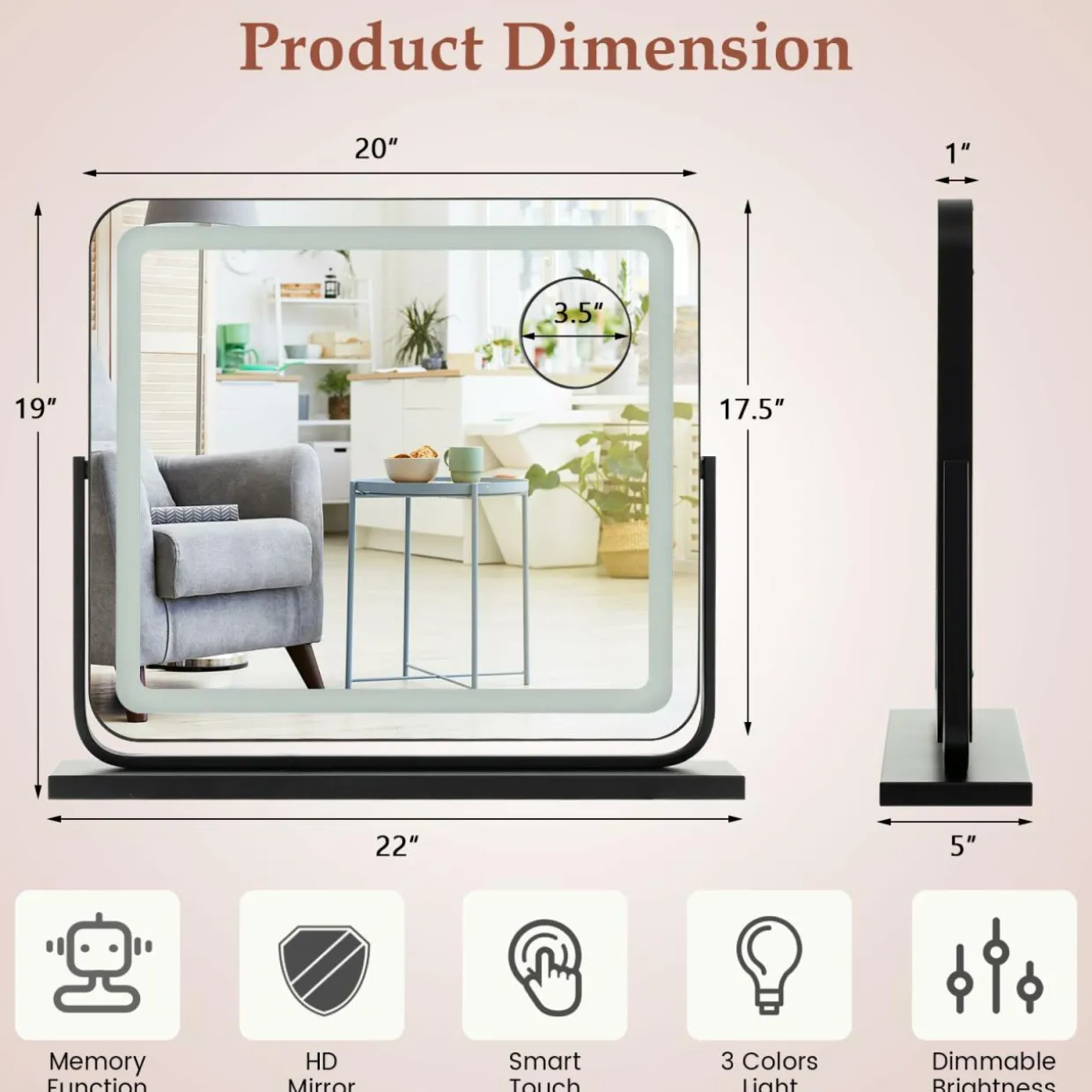 Tangkula Vanity Mirror with LED Lights, 22" x19" Lighted Mirror w/Dimmable 3 Color Modes
