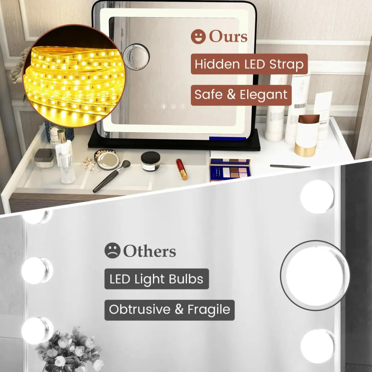 Tangkula Vanity Mirror with LED Lights, 22" x19" Lighted Mirror w/Dimmable 3 Color Modes