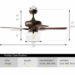 Tangkula Vintage Ceiling Fan with Light, 52-Inch Indoor Ceiling Fan with Glass shade, LED Ceiling Fan (Espresso)