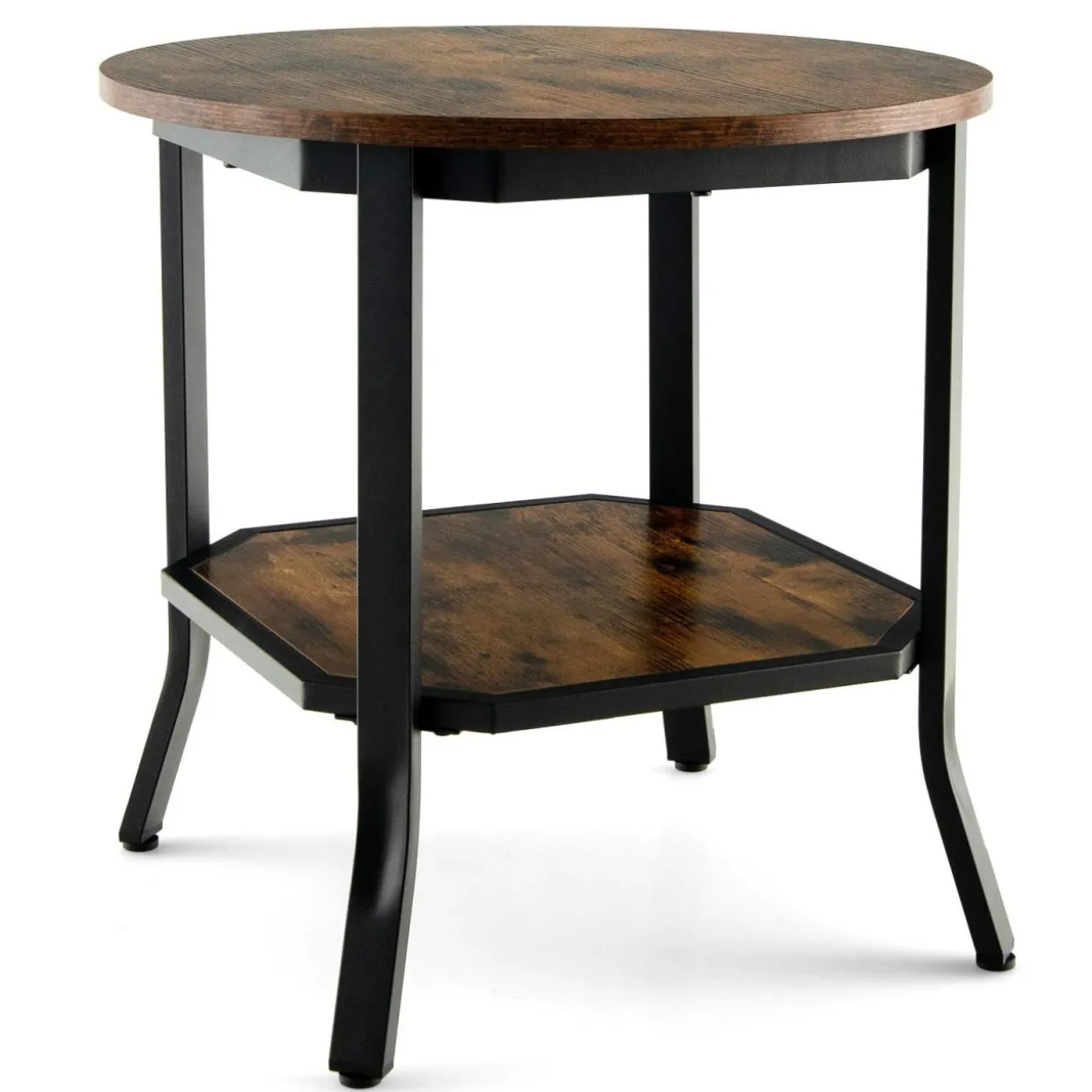 Tangkula Vintage Round End Table, Industrial 2-Tier Side Table with Storage Shelf & Steel Frame