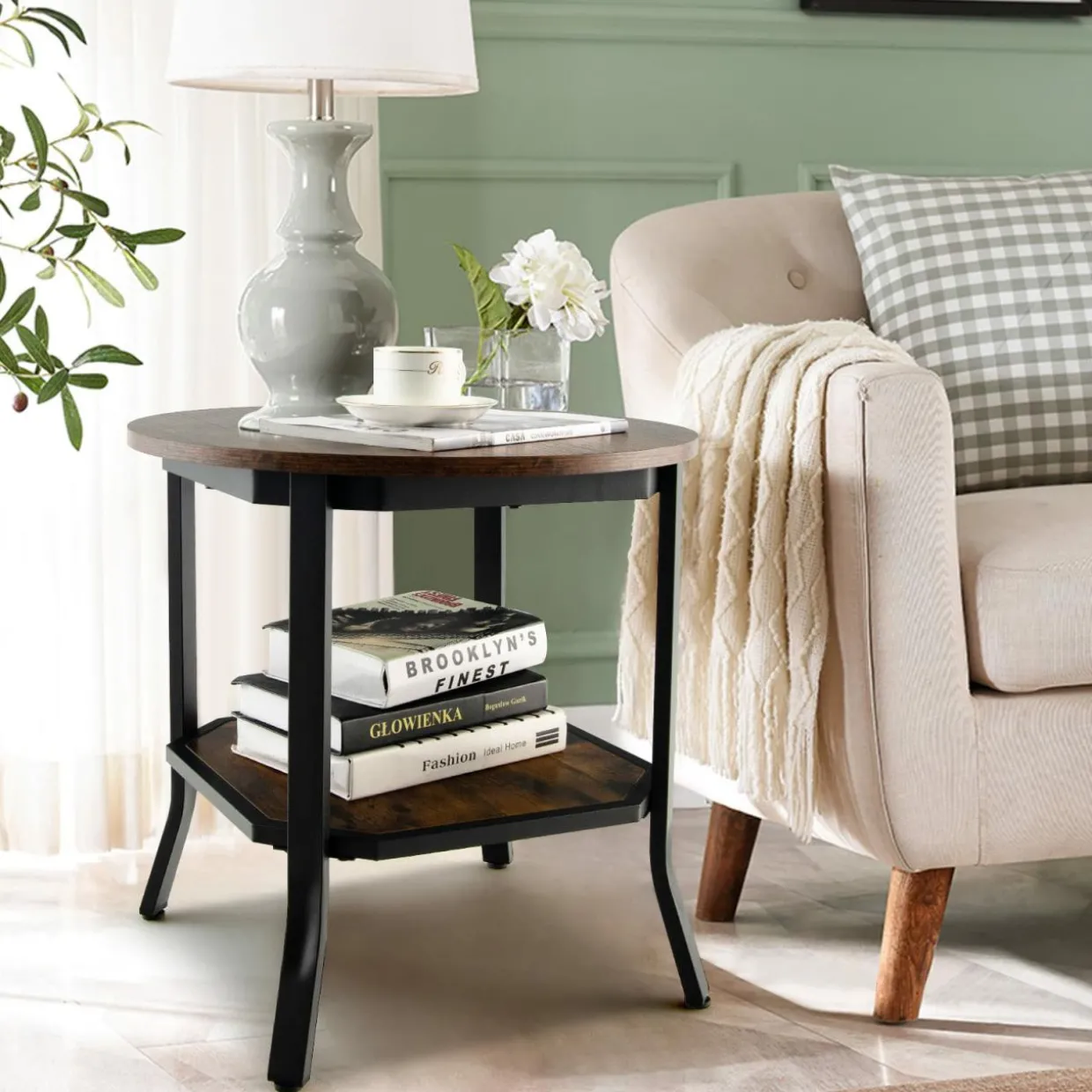 Tangkula Vintage Round End Table, Industrial 2-Tier Side Table with Storage Shelf & Steel Frame